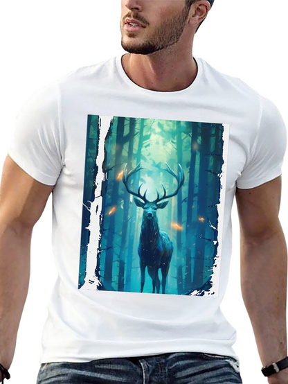 Camiseta Negra con Diseño de Ciervo en el Bosque