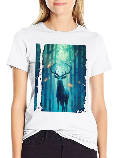 Camiseta Negra con Diseño de Ciervo en el Bosque