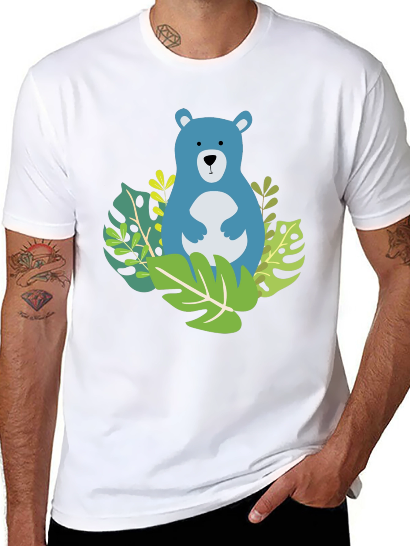 Camiseta Negra con Diseño de Oso Azul Tropical