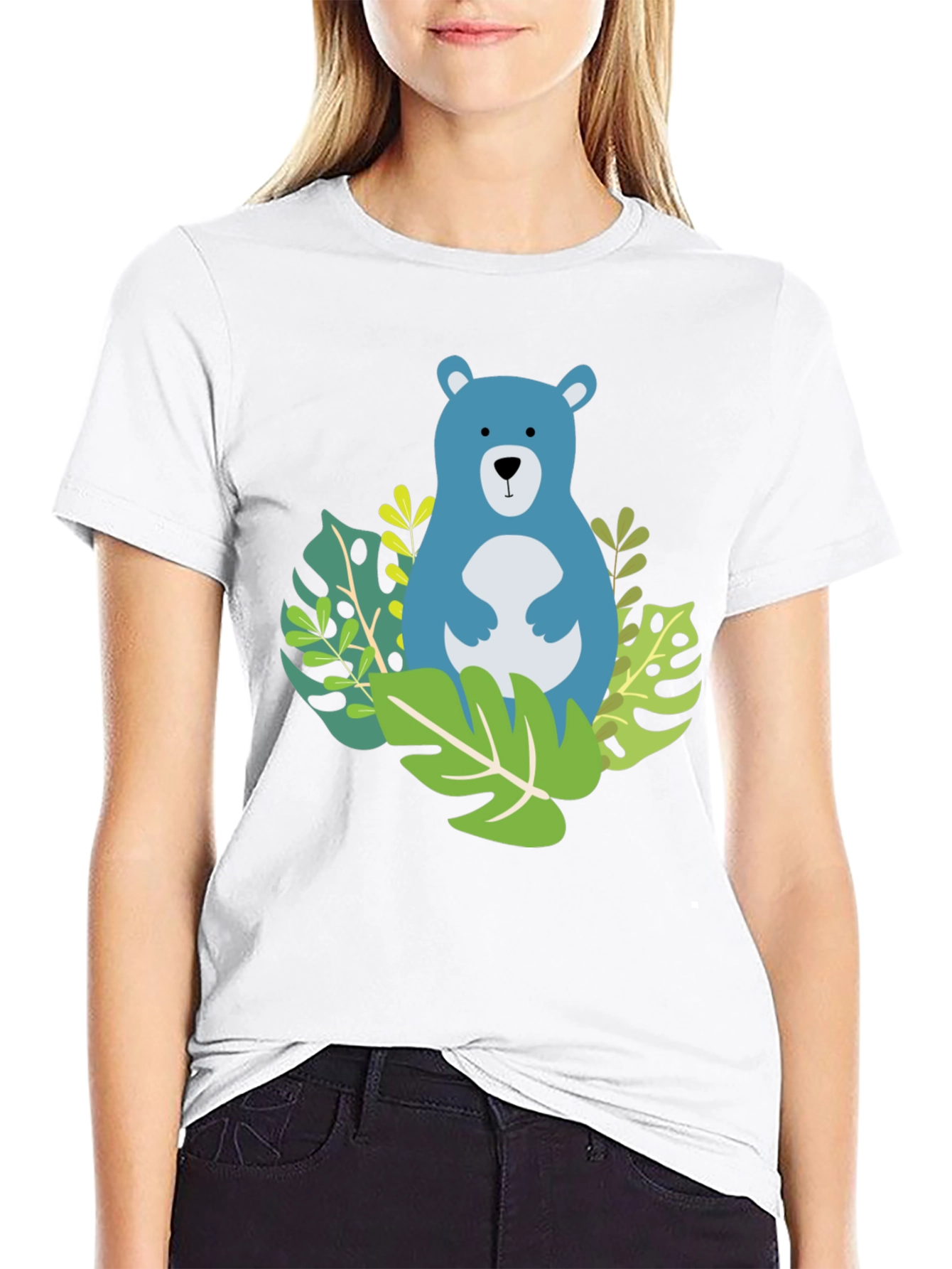 Camiseta Negra con Diseño de Oso Azul Tropical