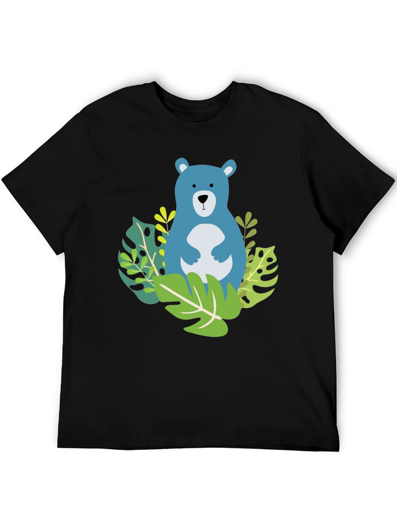 Camiseta Negra con Diseño de Oso Azul Tropical