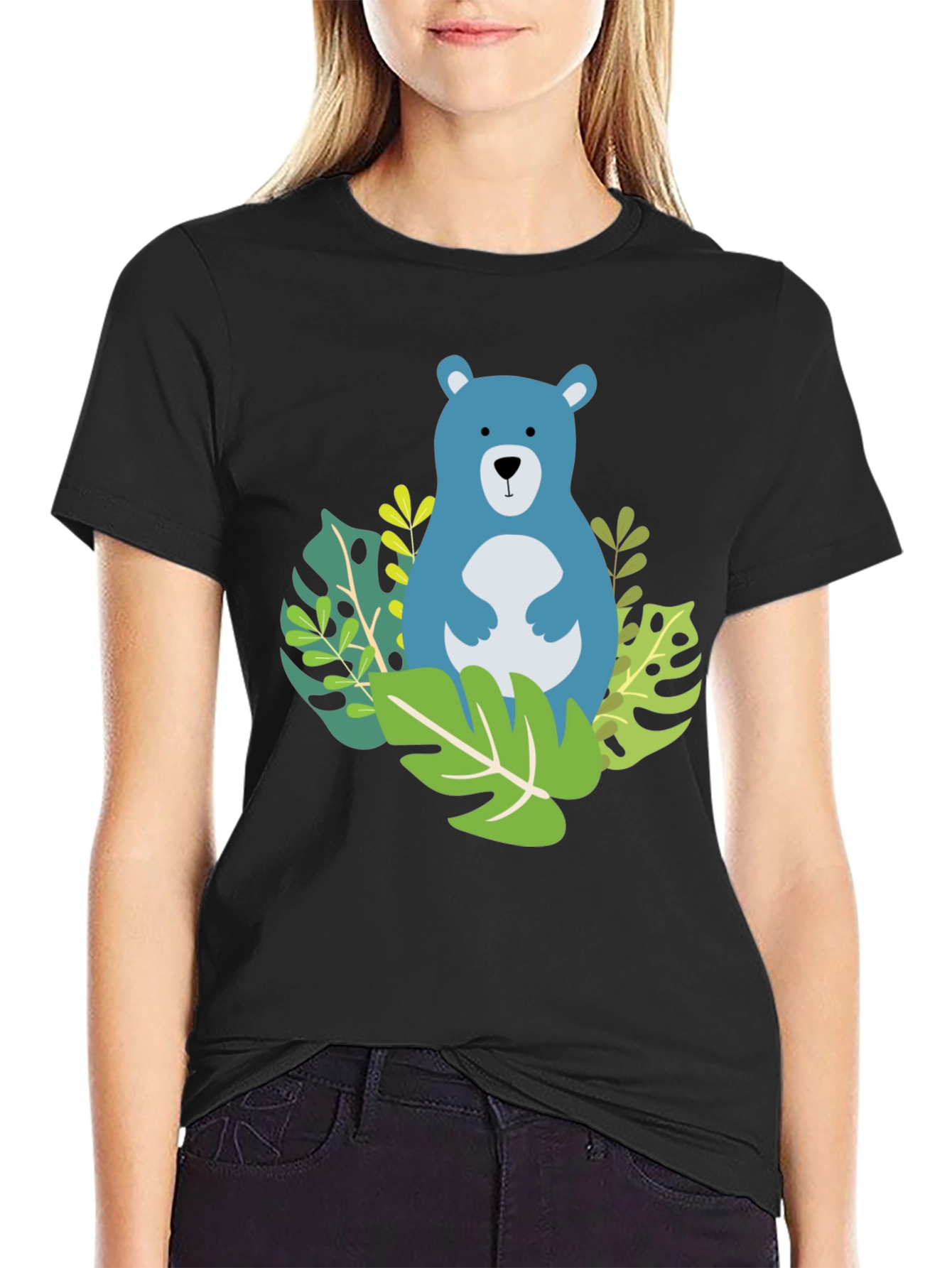 Camiseta Negra con Diseño de Oso Azul Tropical