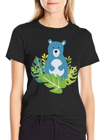Camiseta Negra con Diseño de Oso Azul Tropical