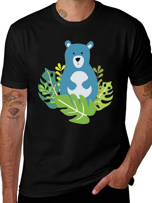 Camiseta Negra con Diseño de Oso Azul Tropical