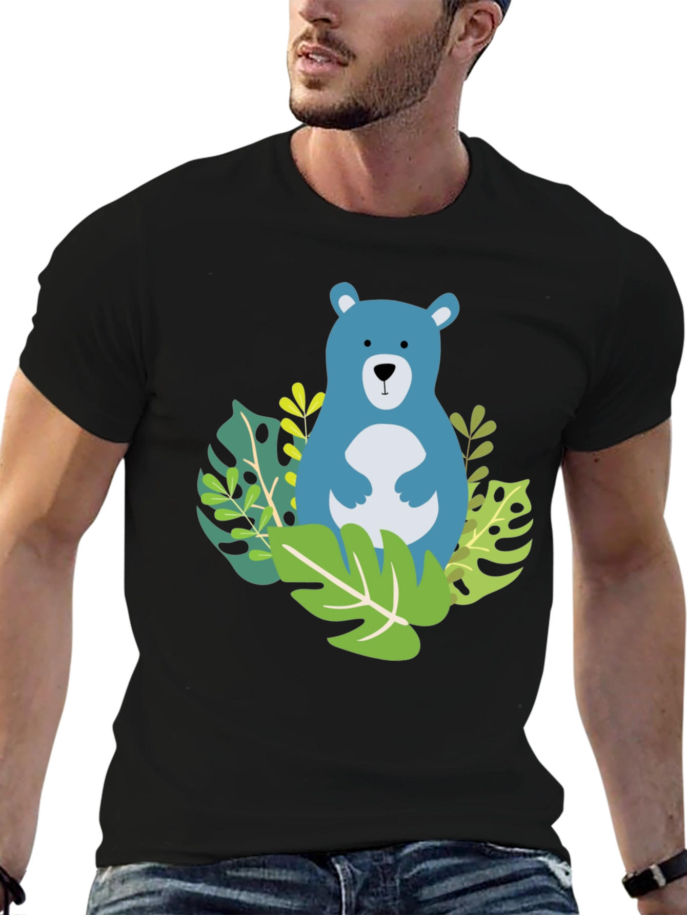 Camiseta Negra con Diseño de Oso Azul Tropical