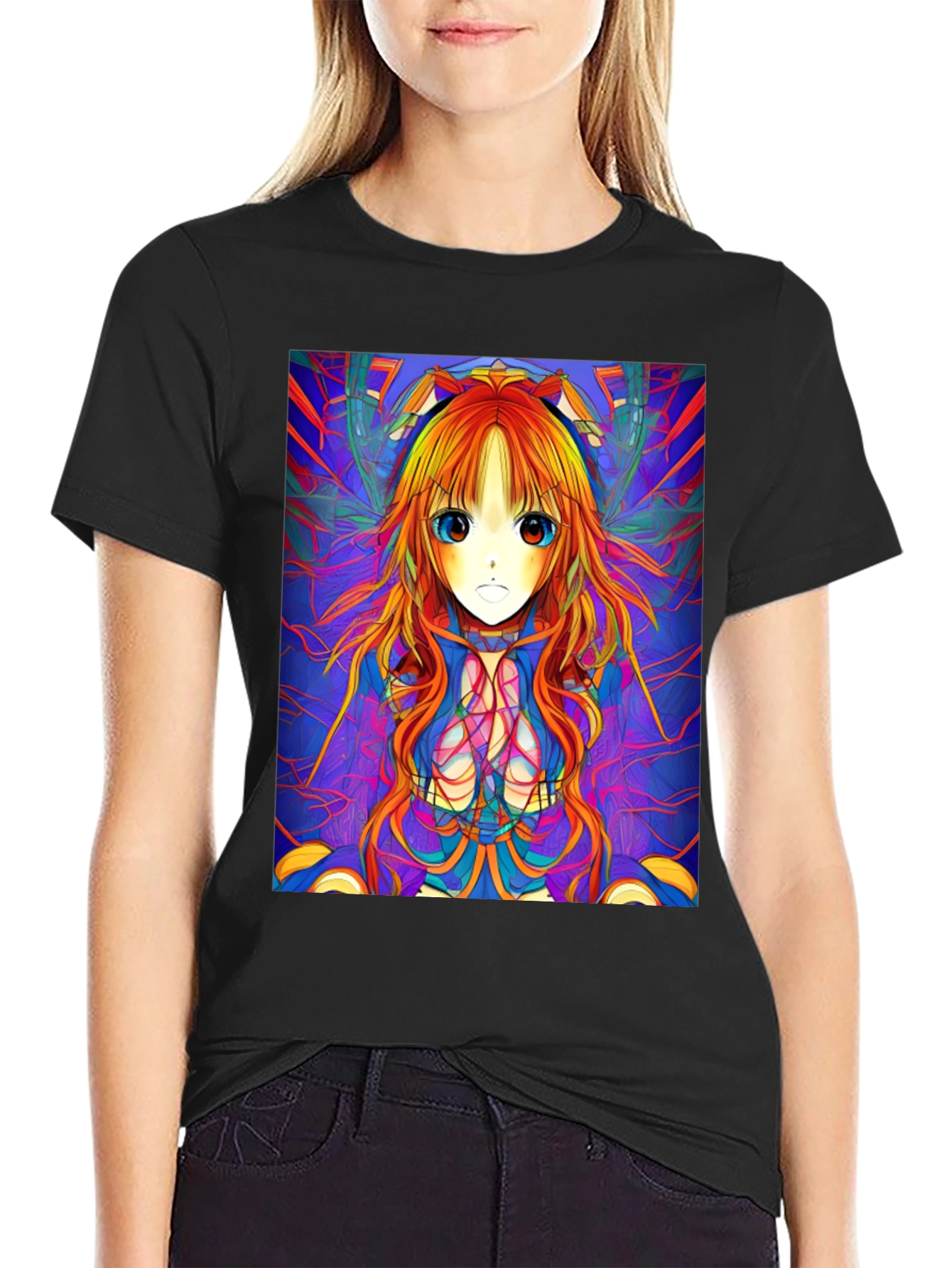 Camiseta Negra con Diseño Anime Psicodélico