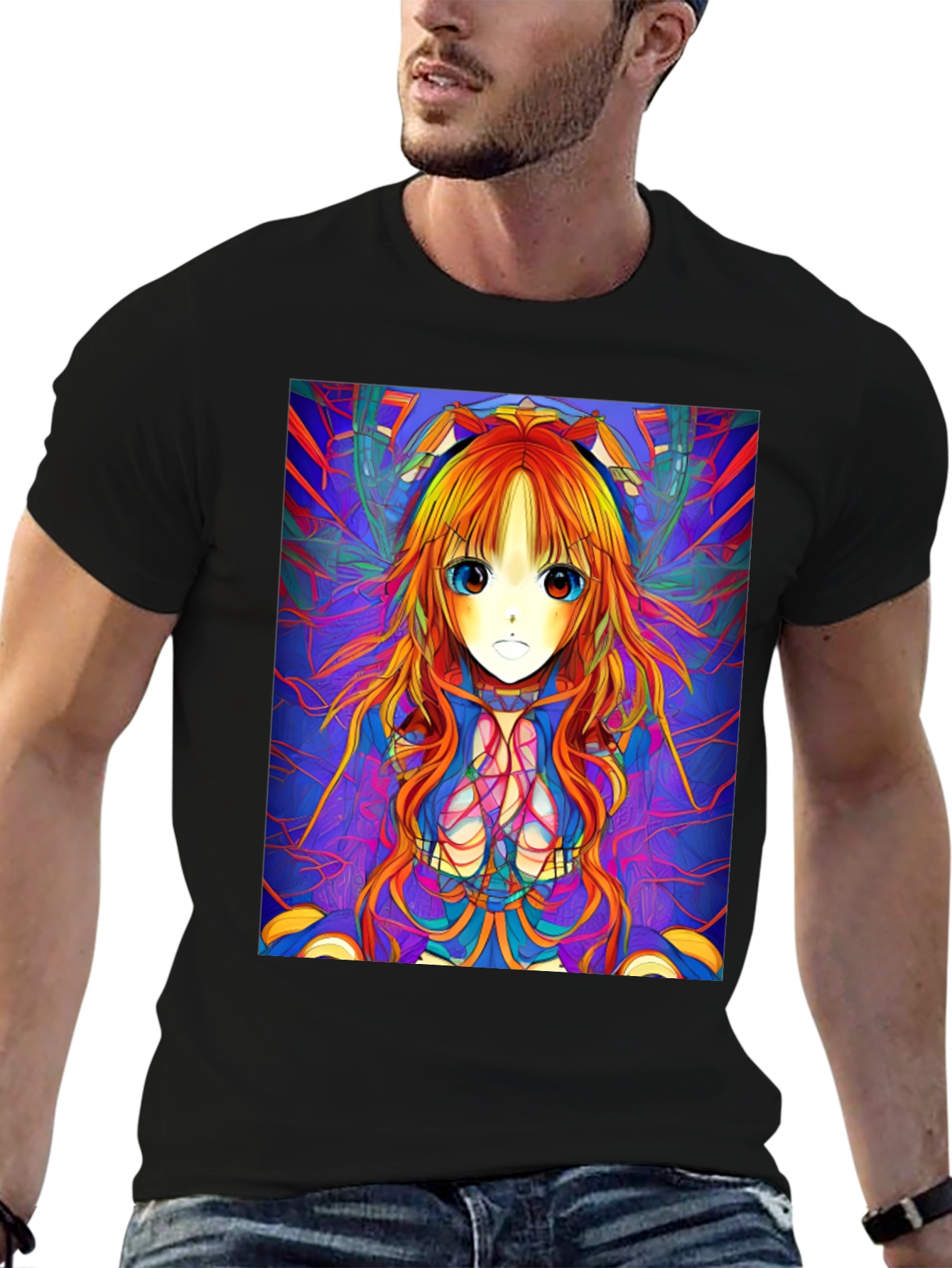 Camiseta Negra con Diseño Anime Psicodélico