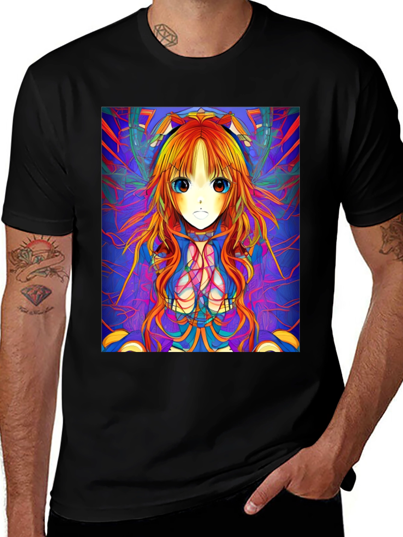 Camiseta Negra con Diseño Anime Psicodélico