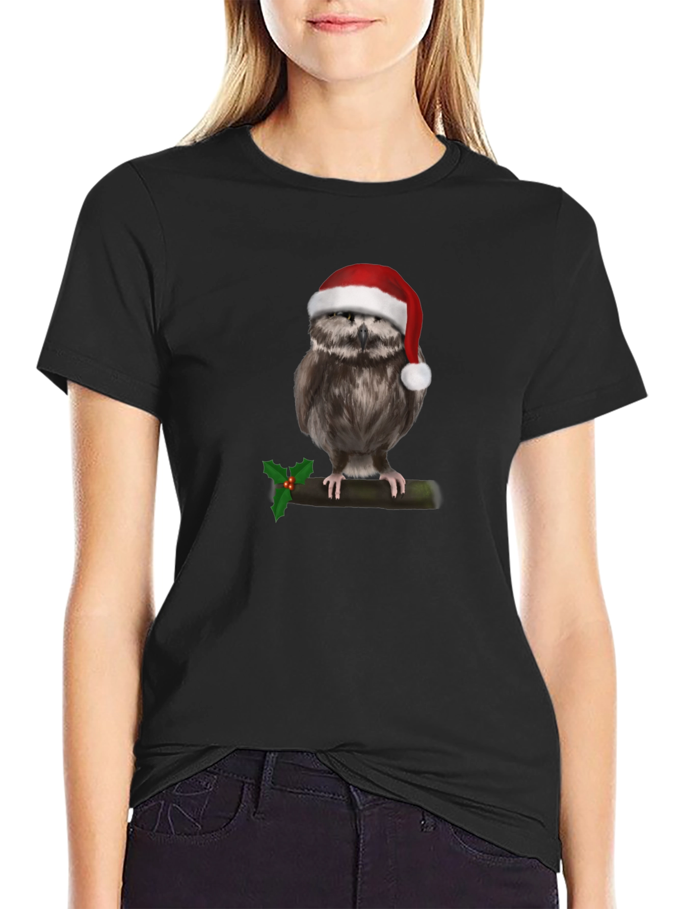 Camiseta Negra con Búho Navideño