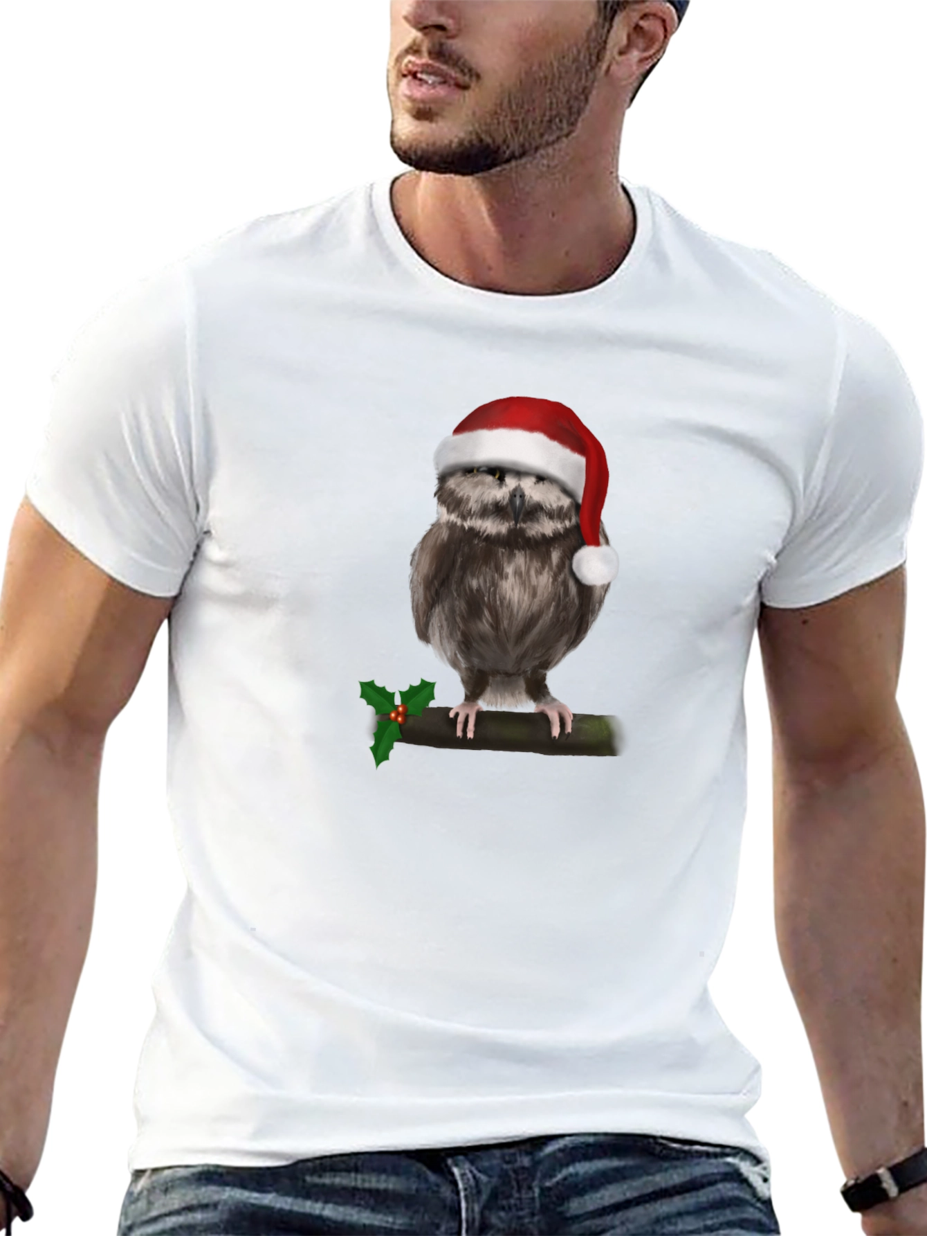Camiseta Negra con Búho Navideño