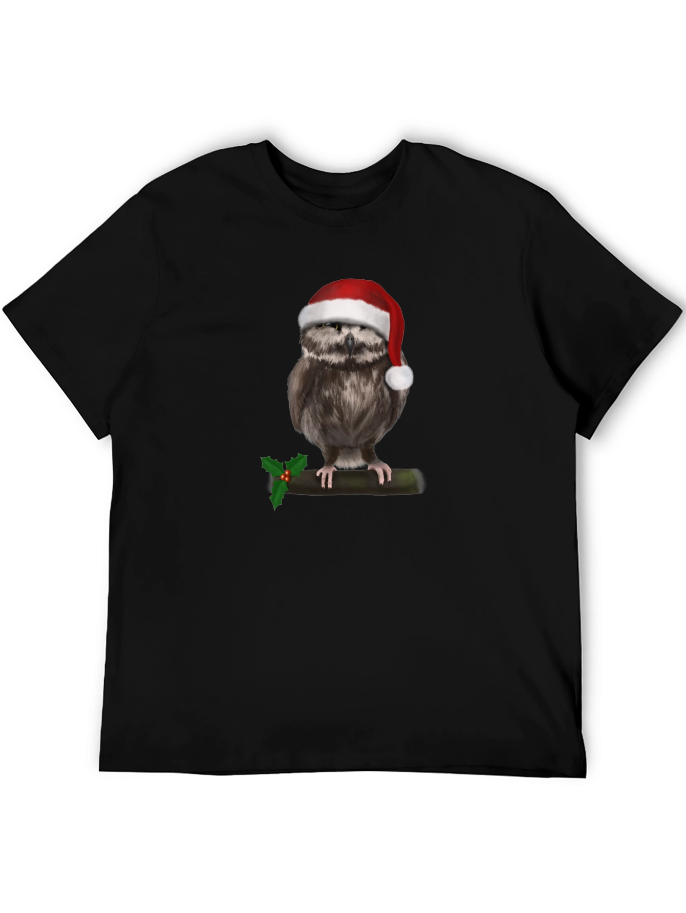 Camiseta Negra con Búho Navideño