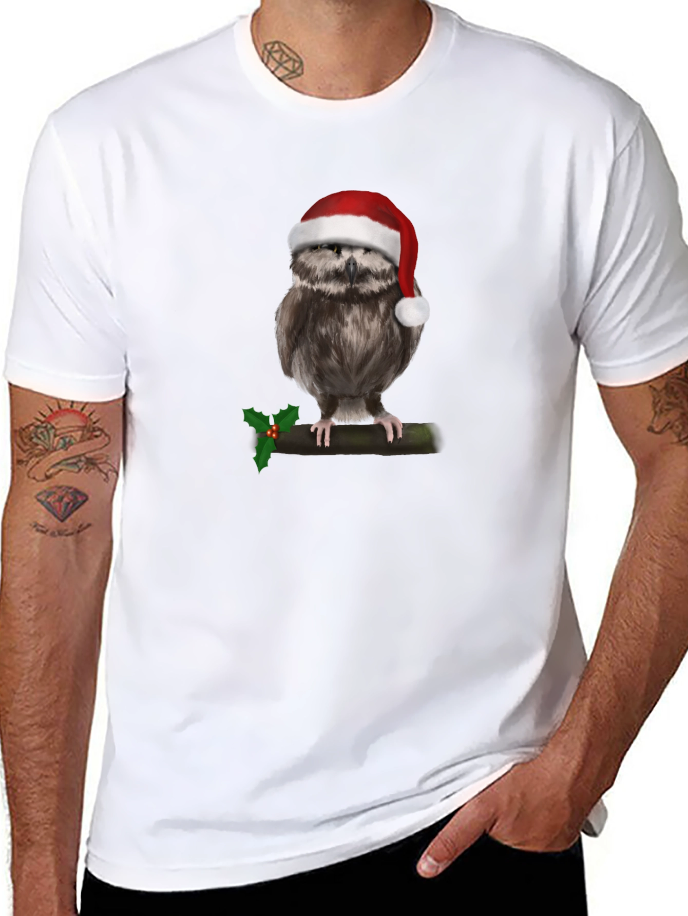 Camiseta Negra con Búho Navideño