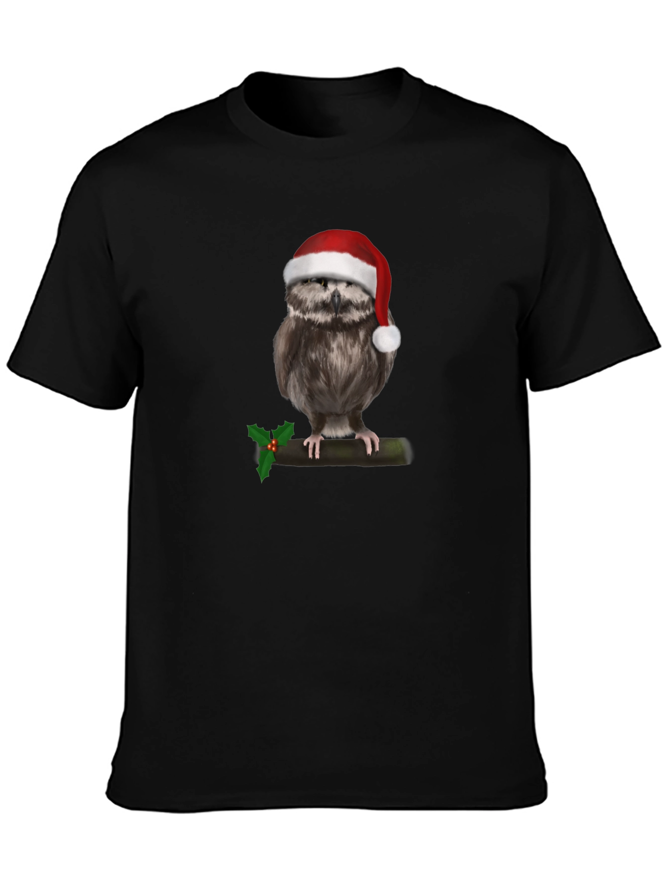 Camiseta Negra con Búho Navideño