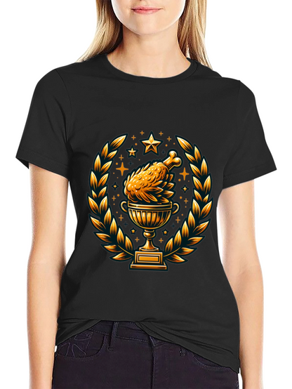 Camiseta Negra con Diseño de Pollo Trofeo Dorado