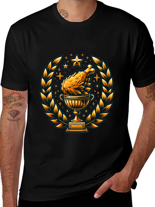 Camiseta Negra con Diseño de Pollo Trofeo Dorado