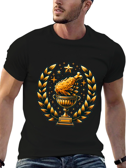Camiseta Negra con Diseño de Pollo Trofeo Dorado