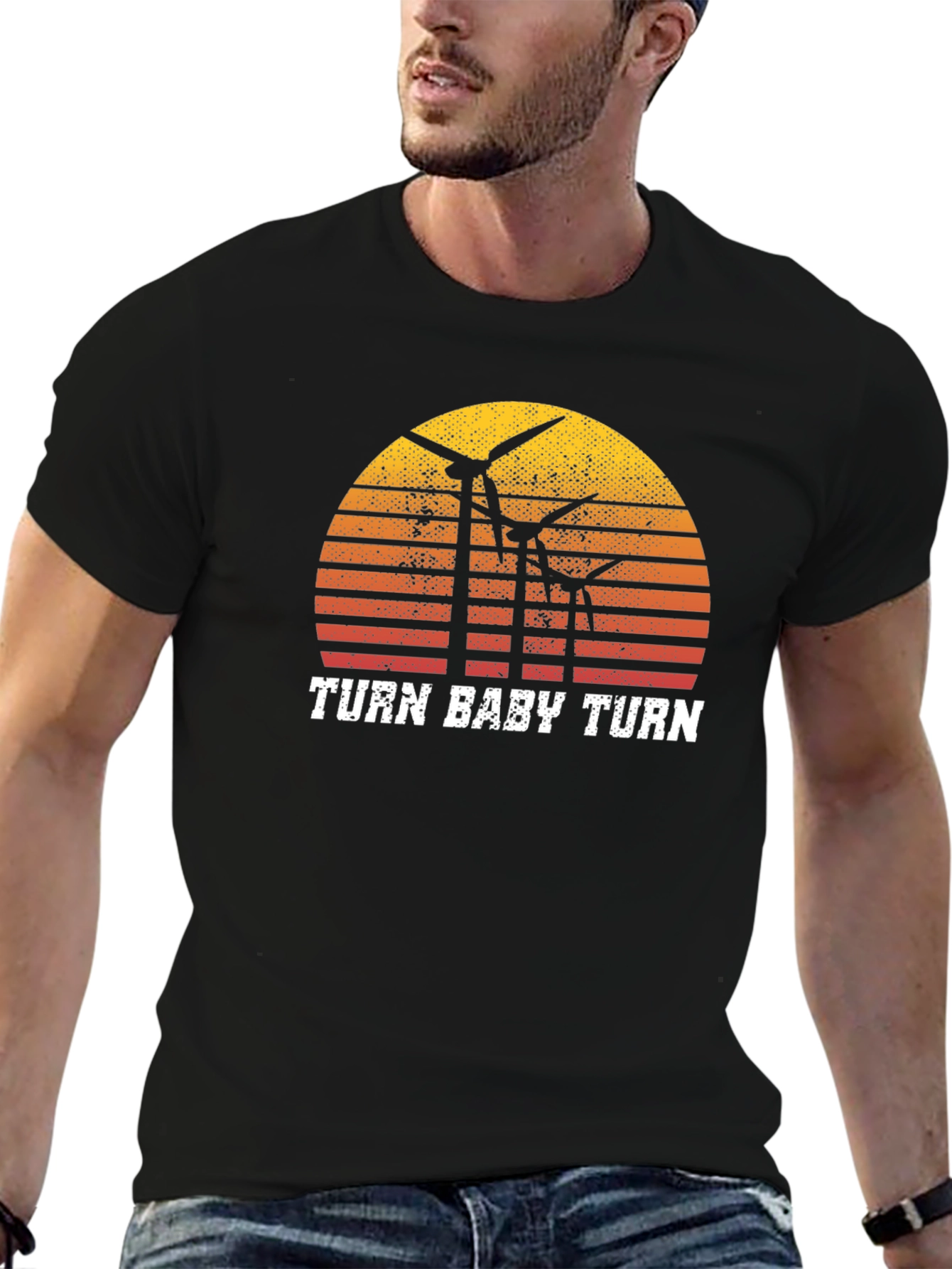 Camiseta Negra Retro Turn Baby Turn Energía Eólica