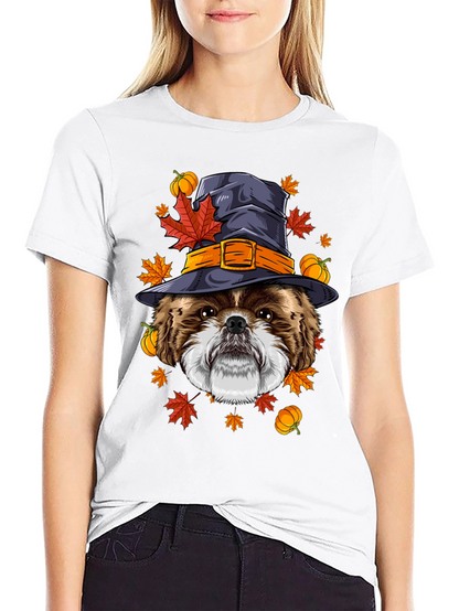 Camiseta Negra con Diseño de Perro Bruja Otoñal