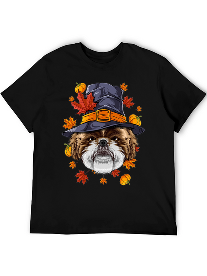 Camiseta Negra con Diseño de Perro Bruja Otoñal
