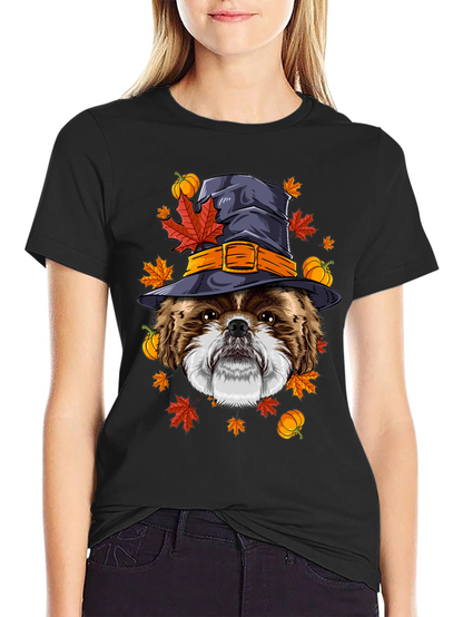 Camiseta Negra con Diseño de Perro Bruja Otoñal