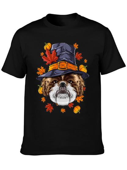 Camiseta Negra con Diseño de Perro Bruja Otoñal