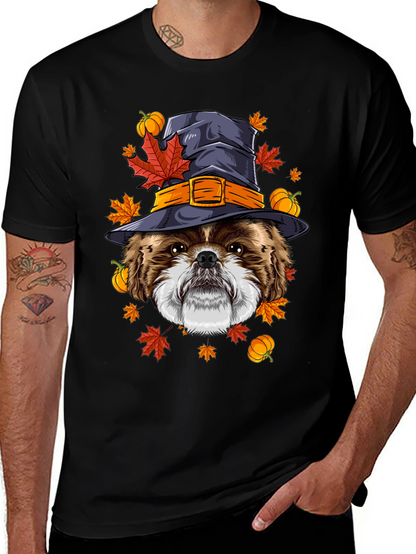 Camiseta Negra con Diseño de Perro Bruja Otoñal