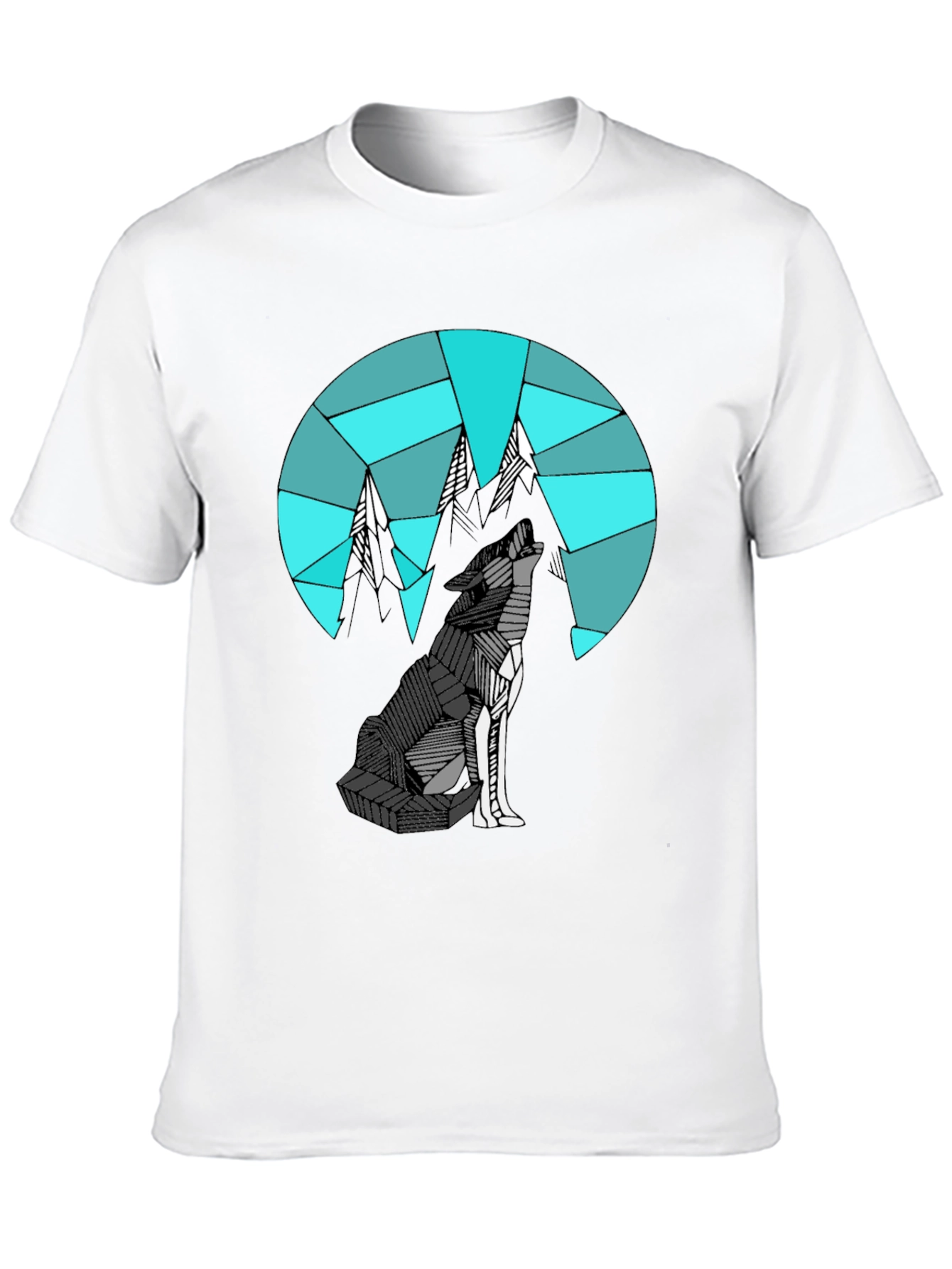 Camiseta Negra con Diseño de Lobo y Montañas Geométricas