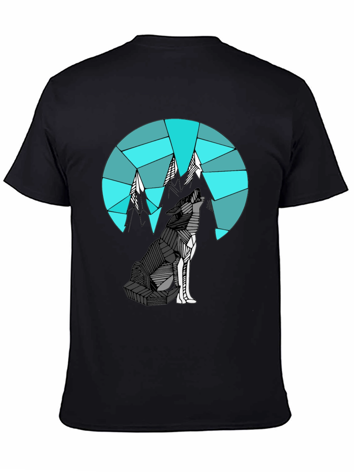 Camiseta Negra con Diseño de Lobo y Montañas Geométricas