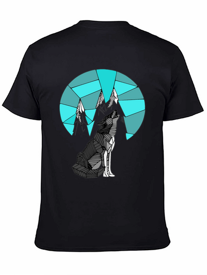 Camiseta Negra con Diseño de Lobo y Montañas Geométricas