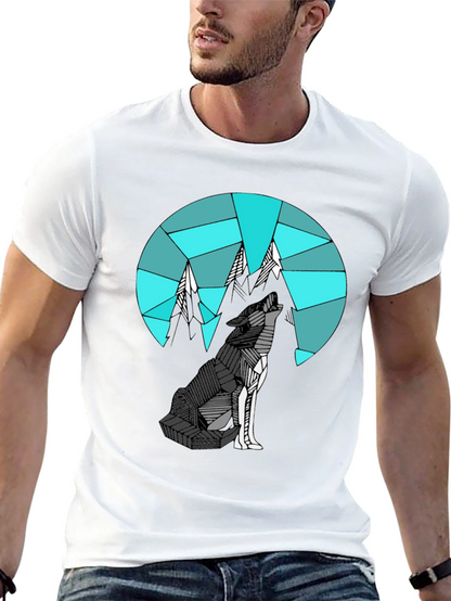 Camiseta Negra con Diseño de Lobo y Montañas Geométricas