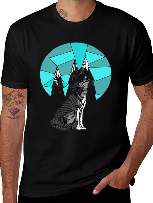 Camiseta Negra con Diseño de Lobo y Montañas Geométricas