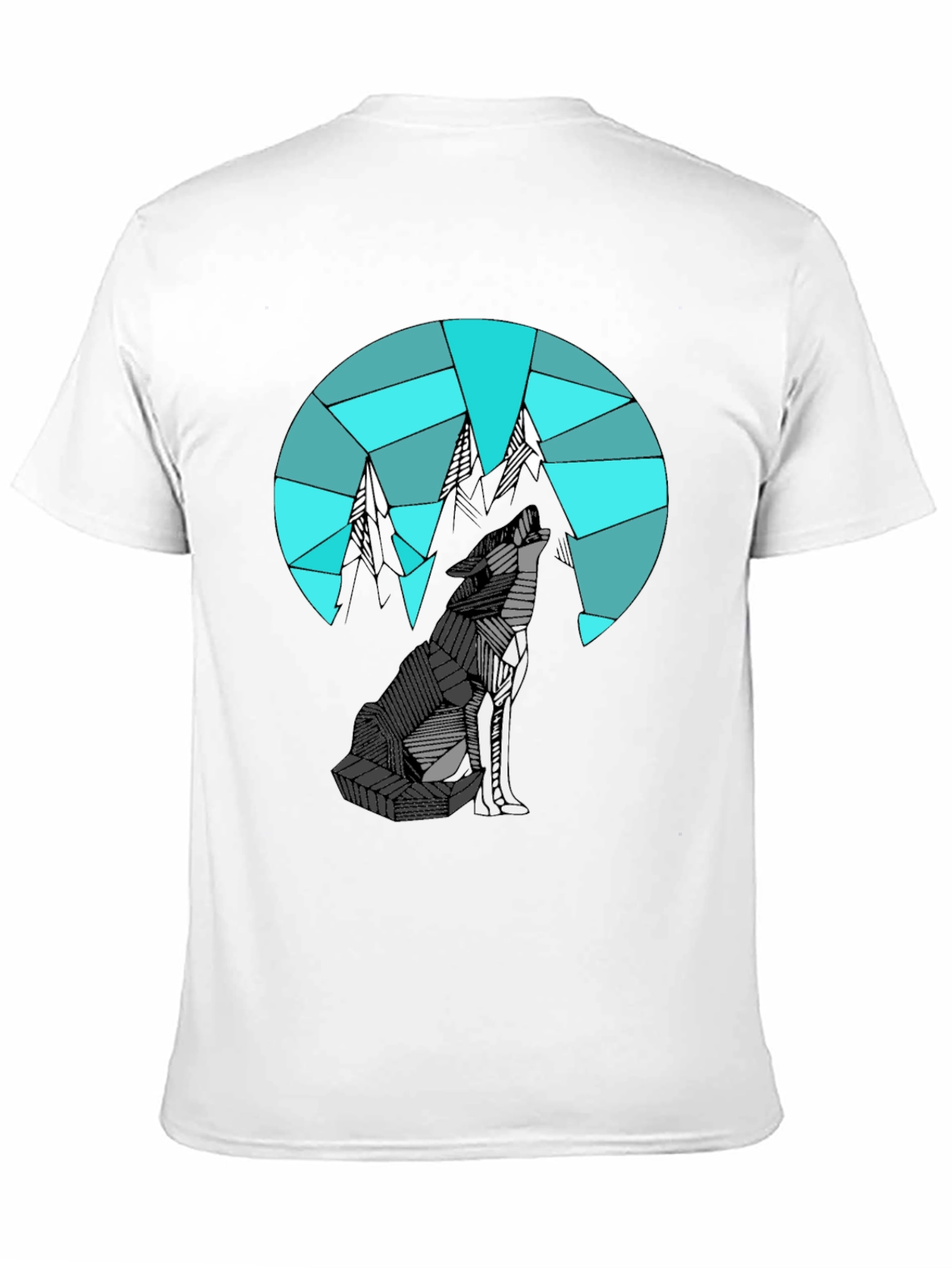 Camiseta Negra con Diseño de Lobo y Montañas Geométricas