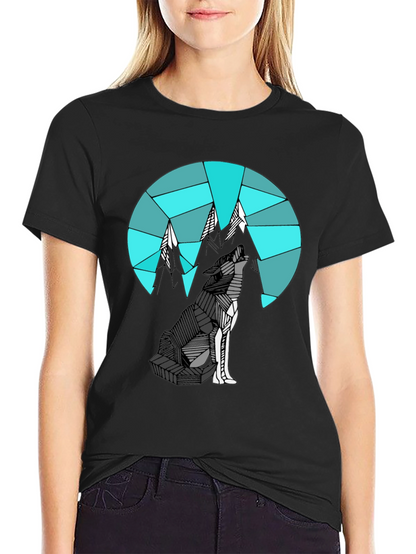 Camiseta Negra con Diseño de Lobo y Montañas Geométricas