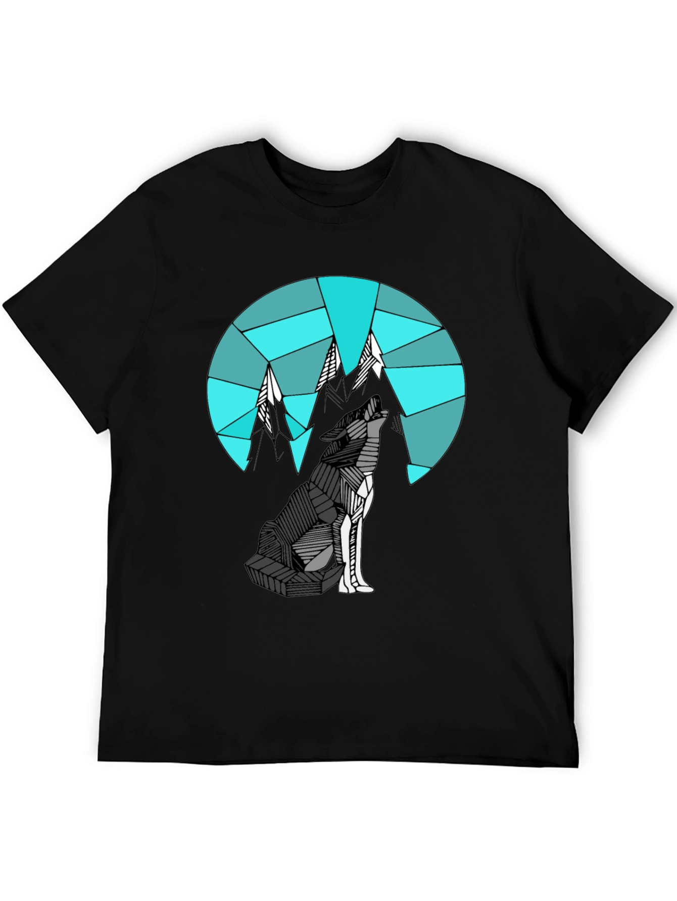 Camiseta Negra con Diseño de Lobo y Montañas Geométricas