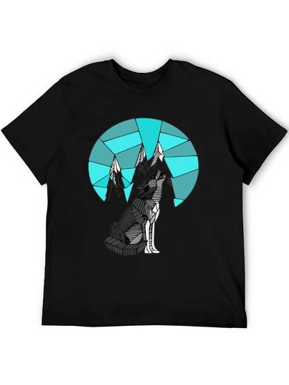 Camiseta Negra con Diseño de Lobo y Montañas Geométricas