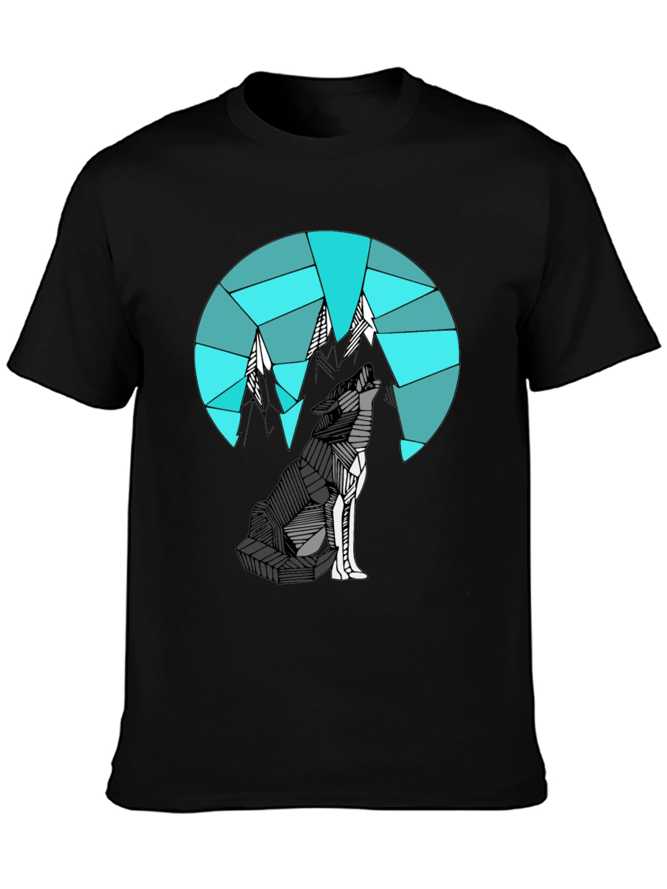 Camiseta Negra con Diseño de Lobo y Montañas Geométricas