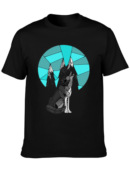 Camiseta Negra con Diseño de Lobo y Montañas Geométricas