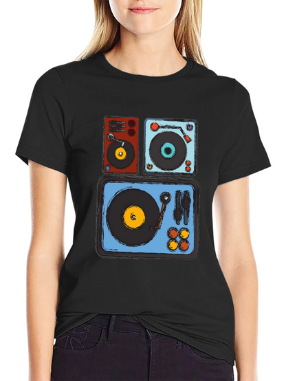 Camiseta Negra con Diseño de Tocadiscos Retro
