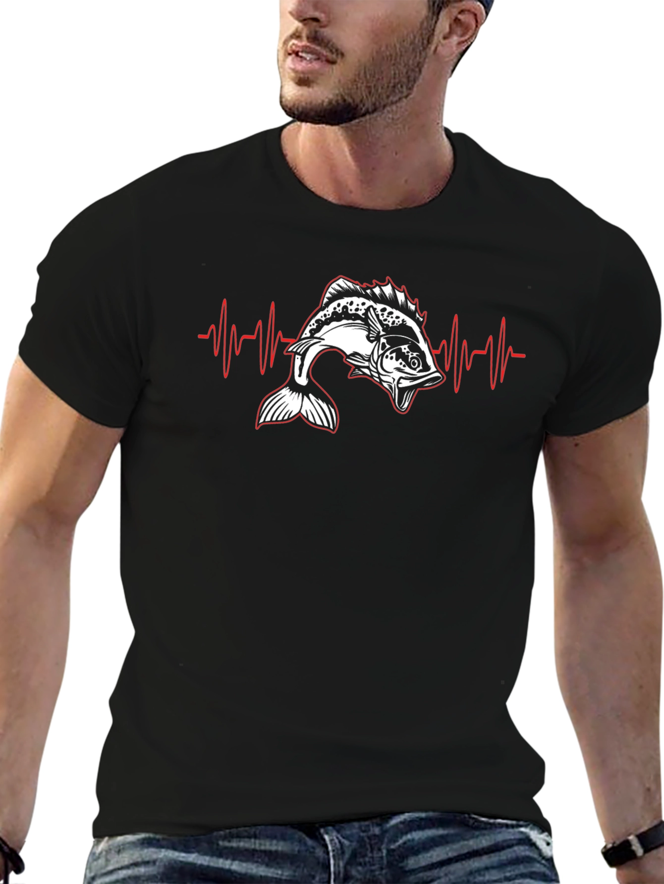 Camiseta Negra con Diseño de Latido de Pesca