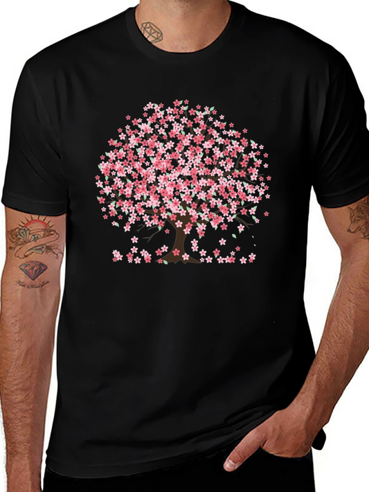Camiseta Negra con Diseño de Árbol de Flores Rosadas