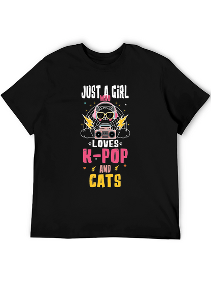 Camiseta Negra con Diseño de Gato K-Pop