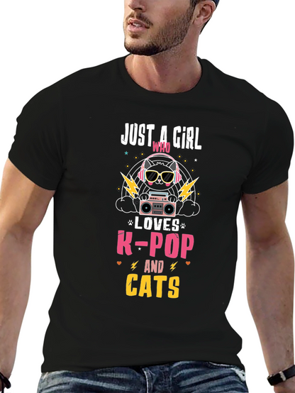 Camiseta Negra con Diseño de Gato K-Pop