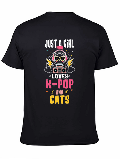 Camiseta Negra con Diseño de Gato K-Pop