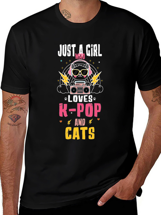 Camiseta Negra con Diseño de Gato K-Pop