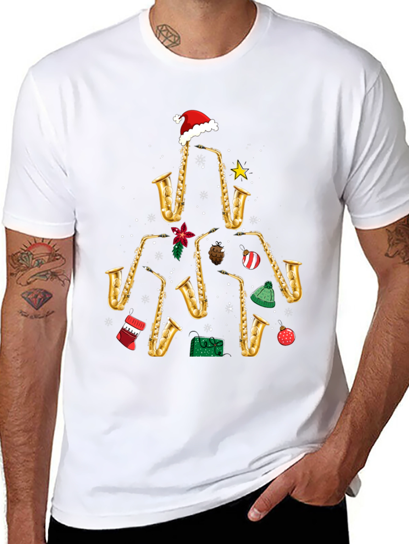 Camiseta Navideña Árbol Saxofones Divertida