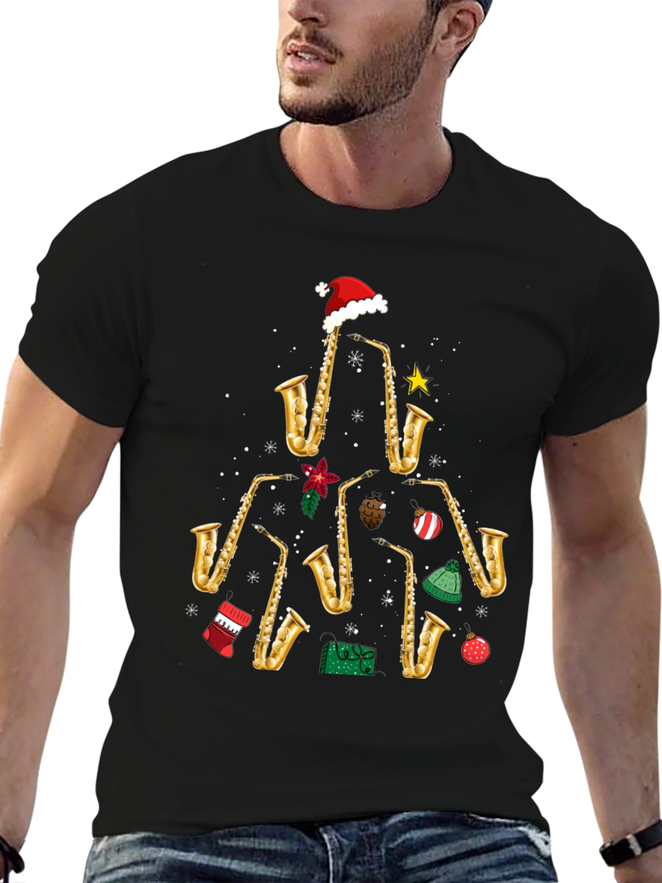Camiseta Navideña Árbol Saxofones Divertida
