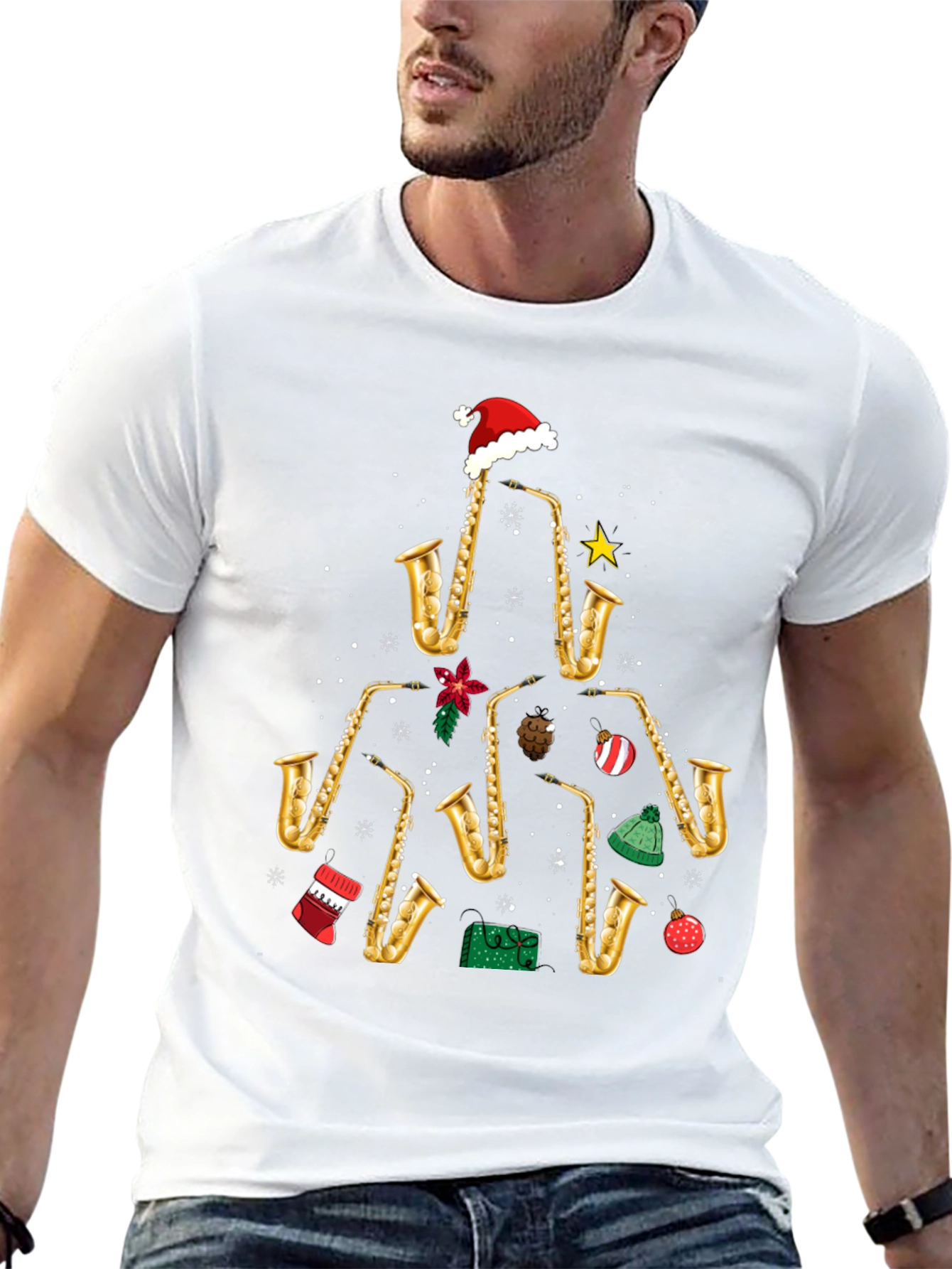 Camiseta Navideña Árbol Saxofones Divertida