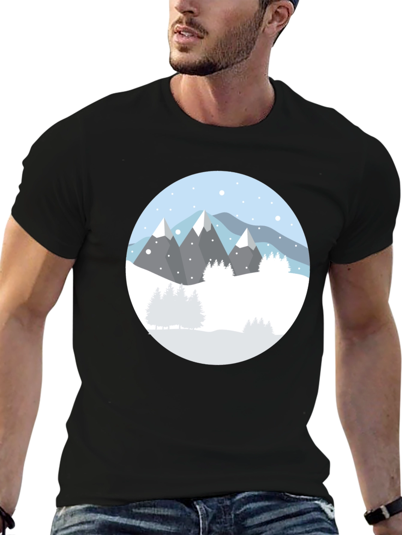 Camiseta Negra con Diseño de Montañas Nevadas