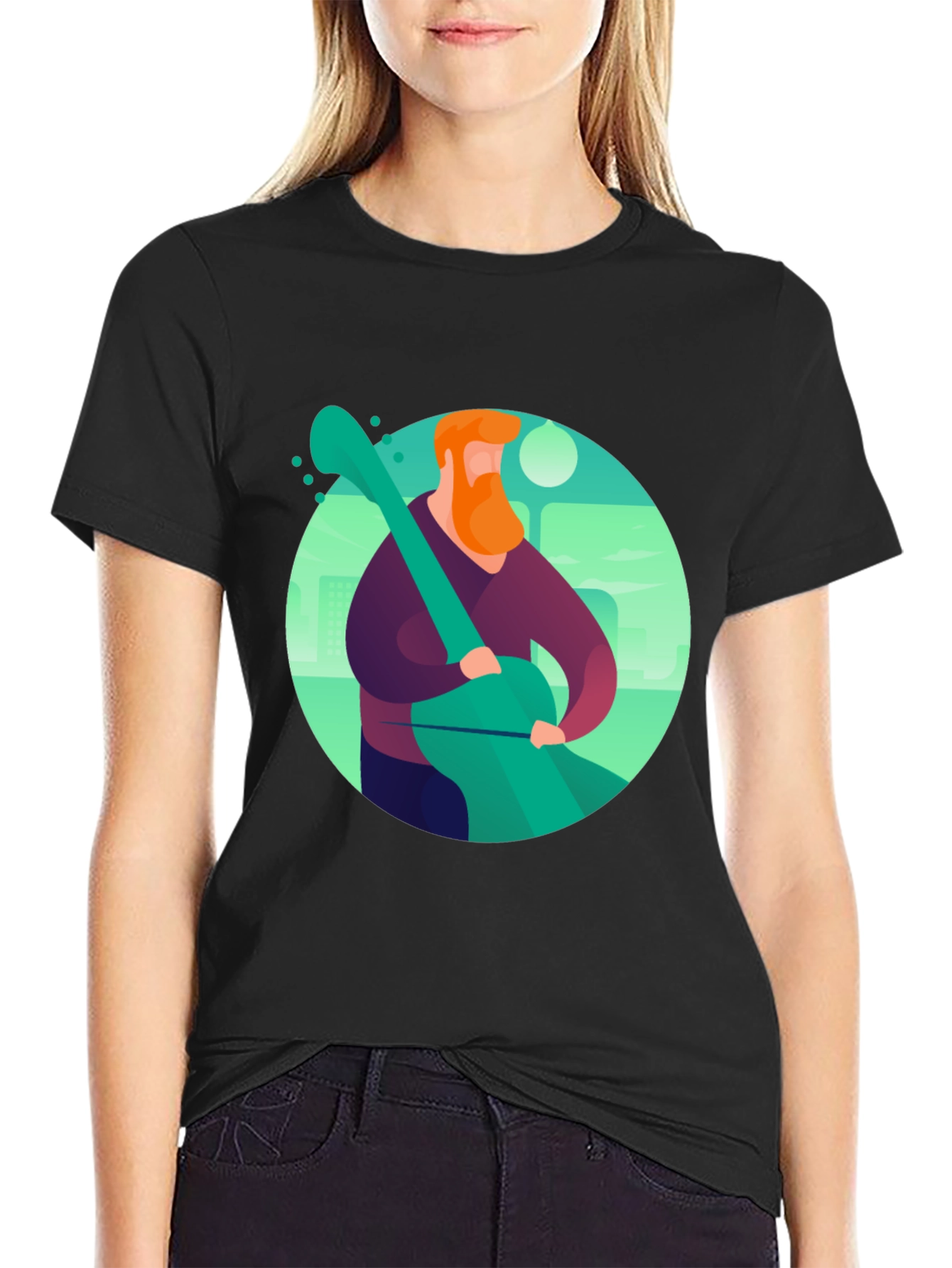 Camiseta Negra con Diseño de Músico Ilustrado