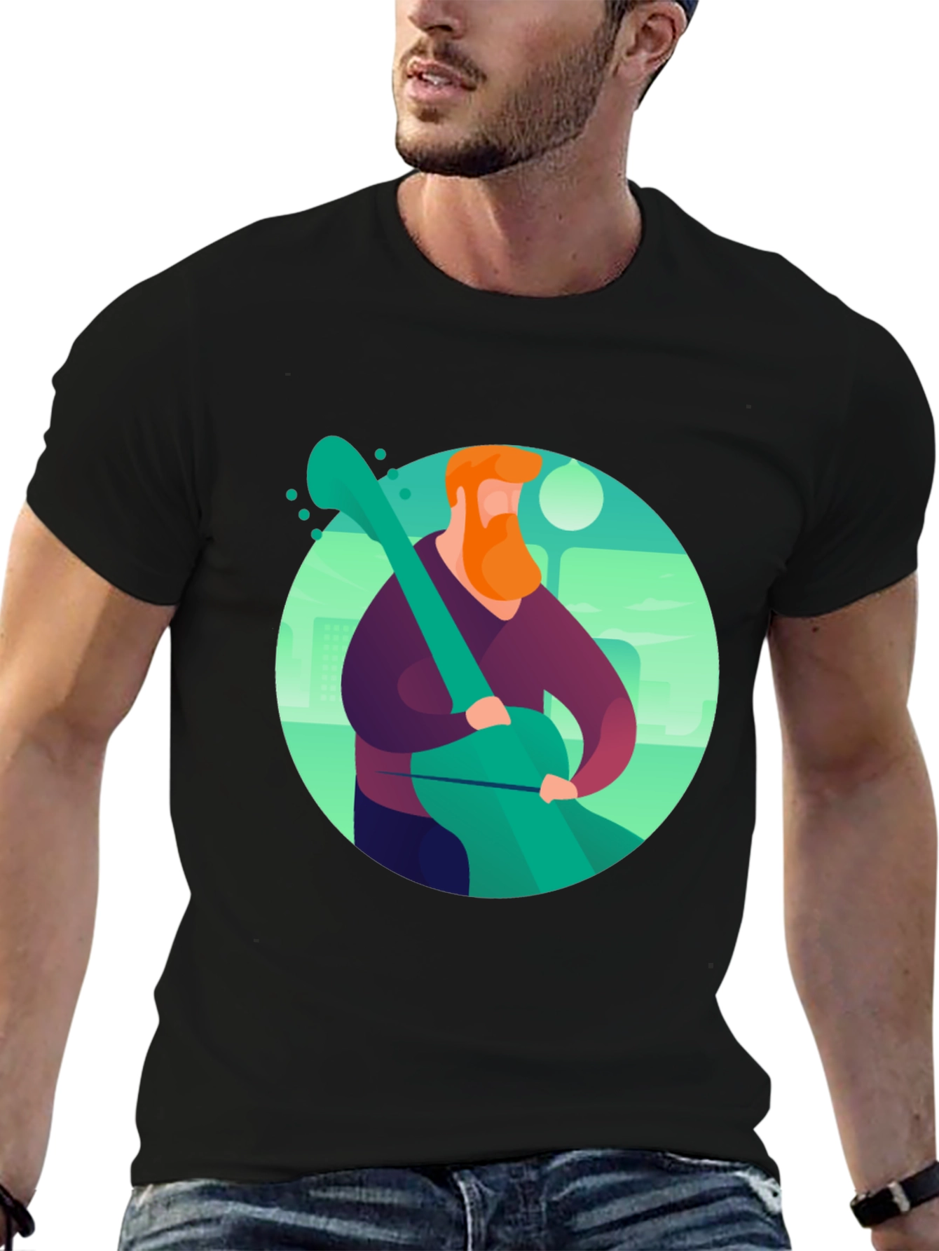 Camiseta Negra con Diseño de Músico Ilustrado